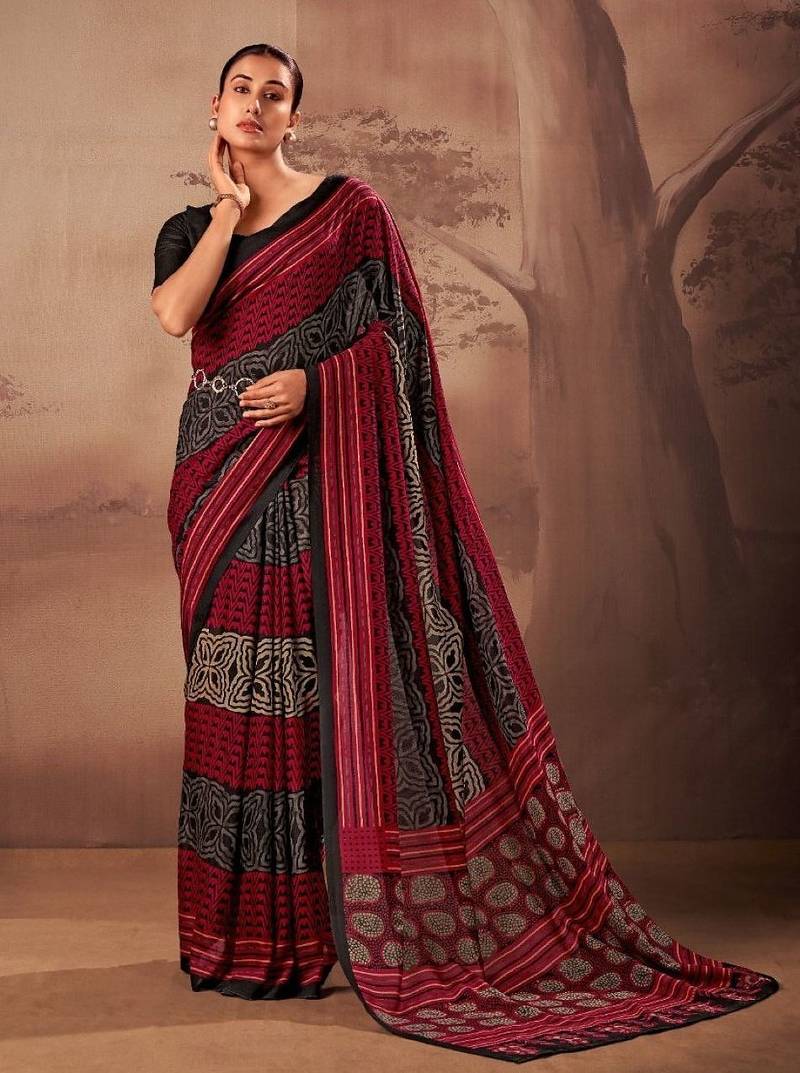 Red beautifully printed poly mal cotton saree