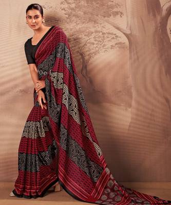 Red beautifully printed poly mal cotton saree 2