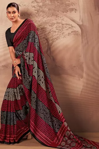 Red beautifully printed poly mal cotton saree