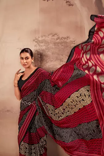 Red beautifully printed poly mal cotton saree