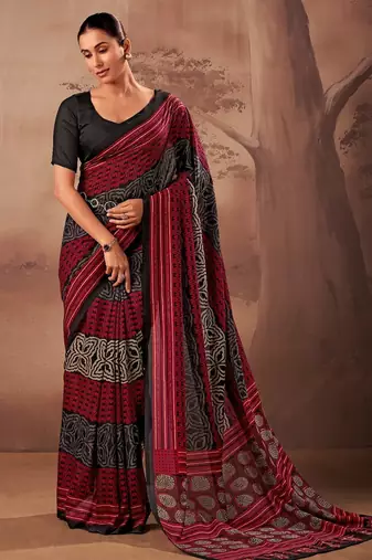 Red beautifully printed poly mal cotton saree