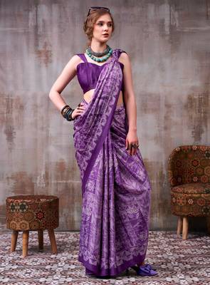 Lavender elegance satin silk floral & geometric printed saree 3