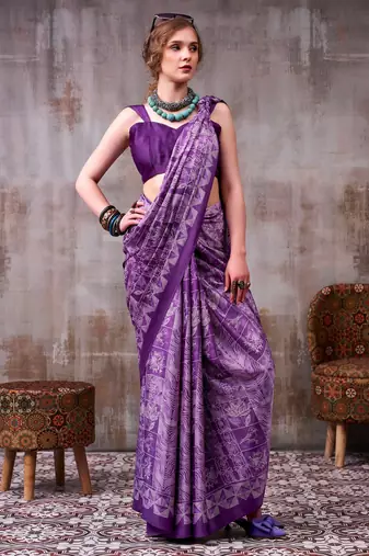 Lavender elegance satin silk floral & geometric printed saree