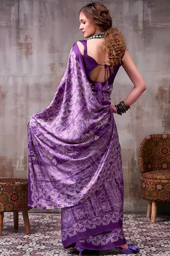 Lavender elegance satin silk floral & geometric printed saree