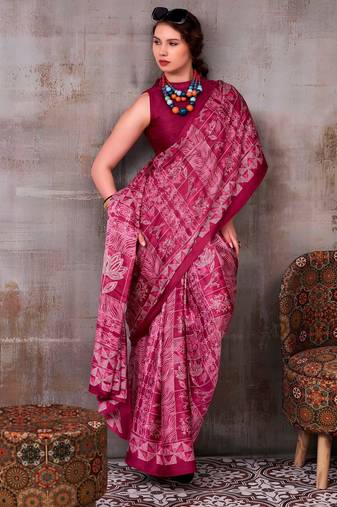 Magenta elegance satin silk floral & geometric printed saree