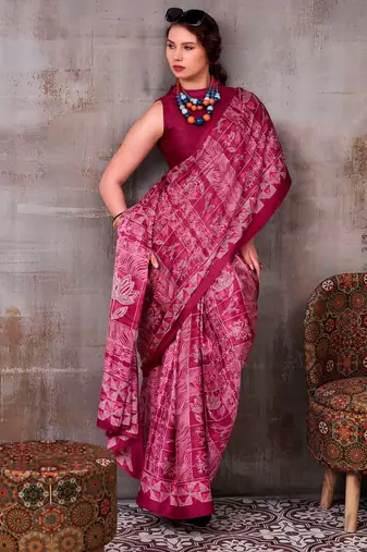 Magenta elegance satin silk floral & geometric printed saree