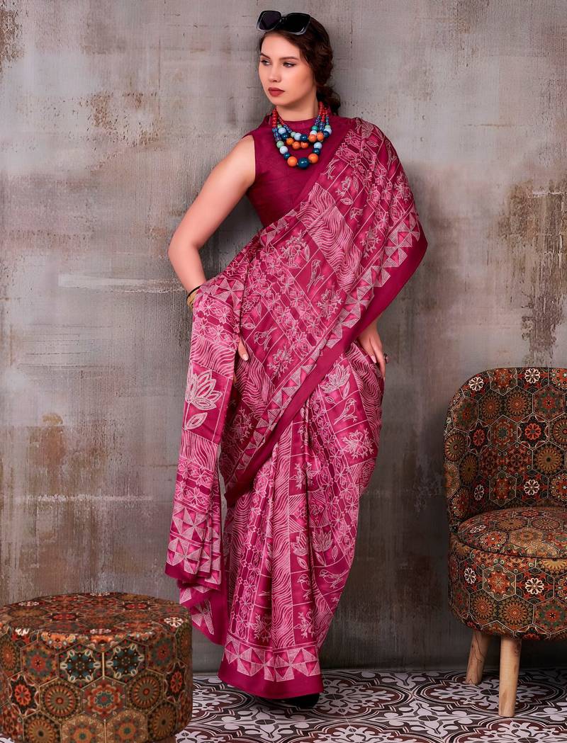 Magenta elegance satin silk floral & geometric printed saree