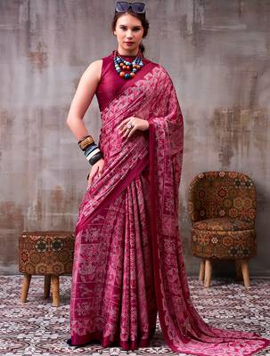 Magenta elegance satin silk floral & geometric printed saree 2