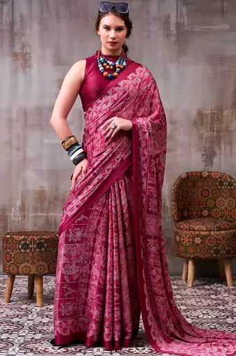 Magenta elegance satin silk floral & geometric printed saree