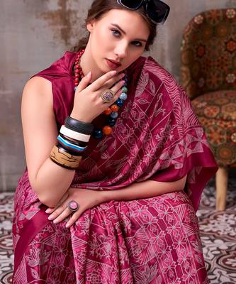 Magenta elegance satin silk floral & geometric printed saree 4