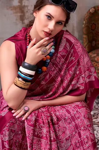 Magenta elegance satin silk floral & geometric printed saree