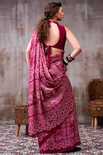 Magenta elegance satin silk floral & geometric printed saree