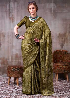 Mehendi elegance satin silk floral & geometric printed saree 1