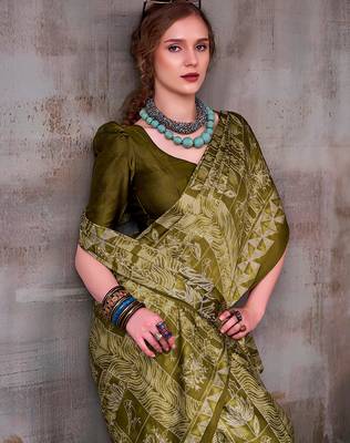 Mehendi elegance satin silk floral & geometric printed saree 3