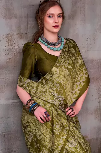 Mehendi elegance satin silk floral & geometric printed saree
