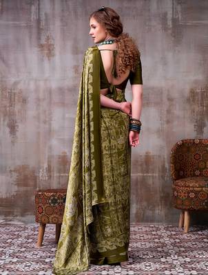 Mehendi elegance satin silk floral & geometric printed saree 4