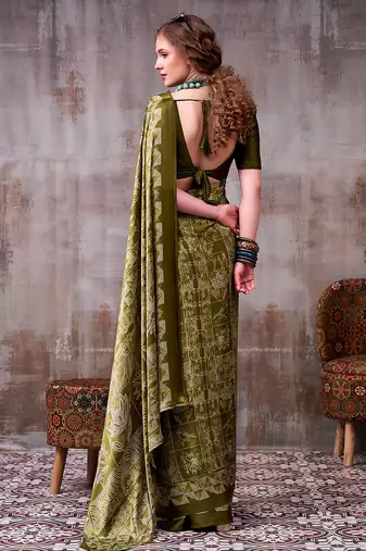 Mehendi elegance satin silk floral & geometric printed saree
