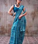 Sea blue elegance satin silk floral & geometric printed saree