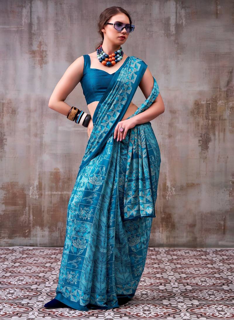 Sea blue elegance satin silk floral & geometric printed saree