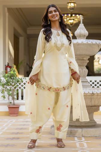 White embroidered japan satin stitched kurti set with dupatta & patiyala pant