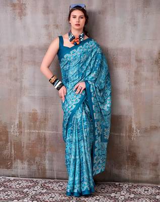 Sea blue elegance satin silk floral & geometric printed saree 2