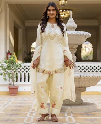 White embroidered japan satin stitched kurti set with dupatta & patiyala pant 2
