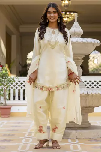 White embroidered japan satin stitched kurti set with dupatta & patiyala pant