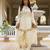 White embroidered japan satin stitched kurti set with dupatta & patiyala pant
