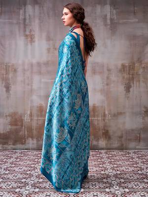 Sea blue elegance satin silk floral & geometric printed saree 4