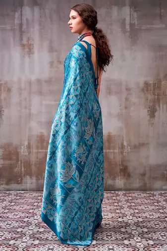 Sea blue elegance satin silk floral & geometric printed saree