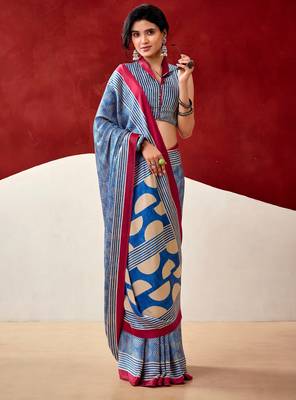 Blue soft dull silk fancy printed saree 1