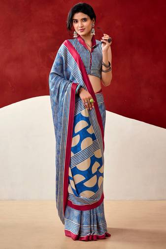 Blue soft dull silk fancy printed saree