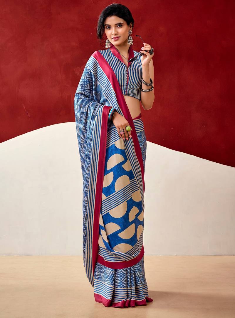 Blue soft dull silk fancy printed saree