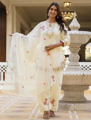 White embroidered japan satin stitched kurti set with dupatta & patiyala pant 3