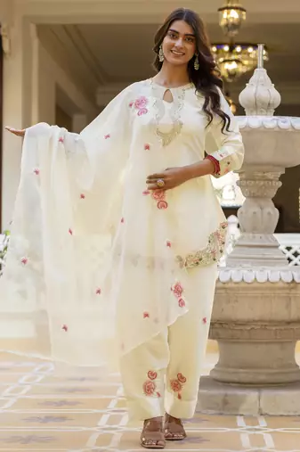 White embroidered japan satin stitched kurti set with dupatta & patiyala pant