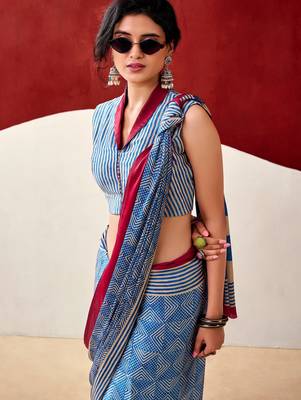 Blue soft dull silk fancy printed saree 2