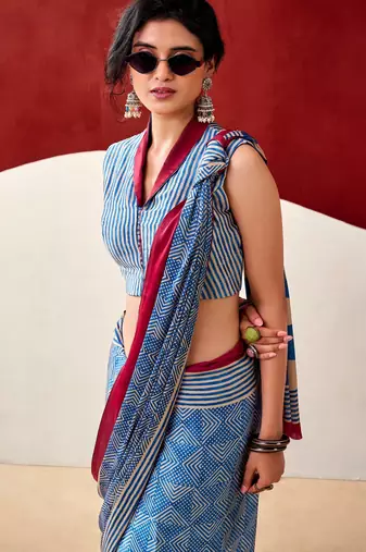 Blue soft dull silk fancy printed saree