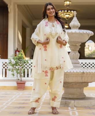 White embroidered japan satin stitched kurti set with dupatta & patiyala pant 4