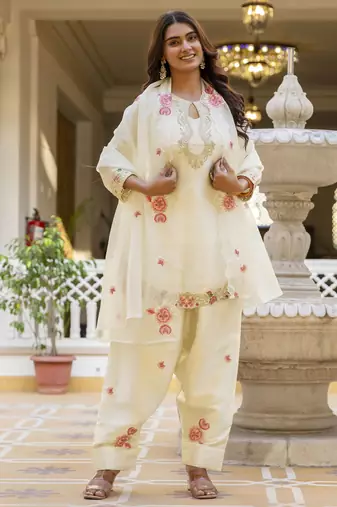 White embroidered japan satin stitched kurti set with dupatta & patiyala pant