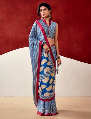 Blue soft dull silk fancy printed saree 3