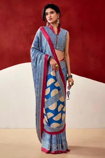 Blue soft dull silk fancy printed saree