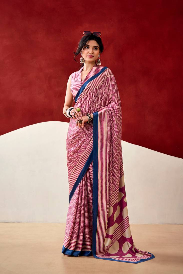 Pink soft dull silk fancy printed saree