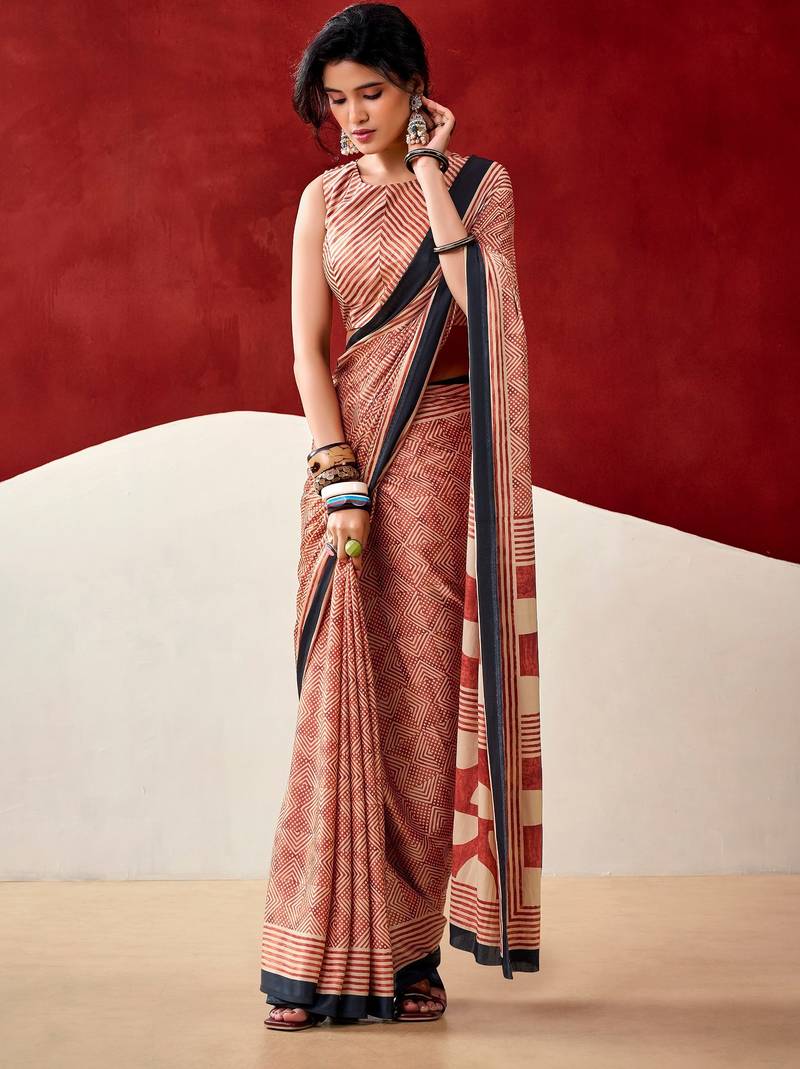 Rust orange soft dull silk fancy printed saree