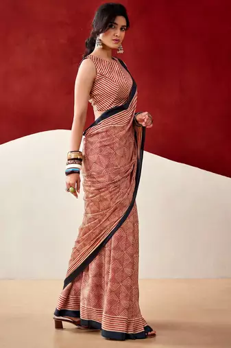 Rust orange soft dull silk fancy printed saree