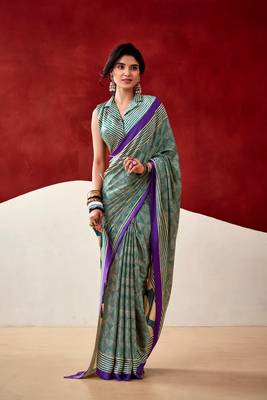 Sea green soft dull silk fancy printed saree 1