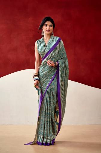 Sea green soft dull silk fancy printed saree
