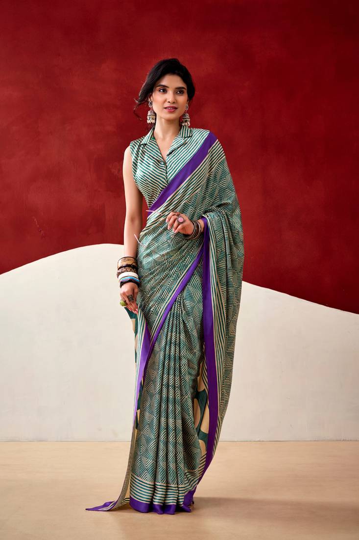 Sea green soft dull silk fancy printed saree