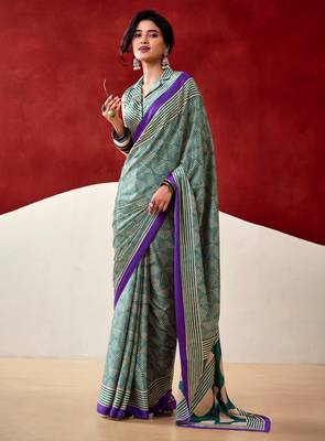 Sea green soft dull silk fancy printed saree 2