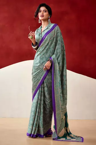 Sea green soft dull silk fancy printed saree