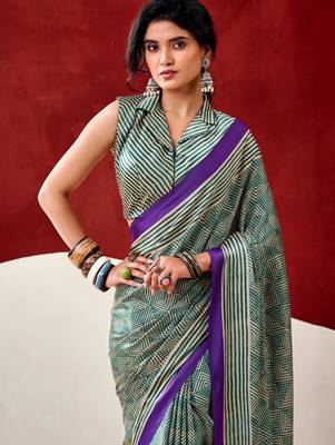 Sea green soft dull silk fancy printed saree 3